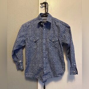 Panhandle Rough Stock Kids Size Medium 10 Pearl Snap Button Down Shirt Navy Blue